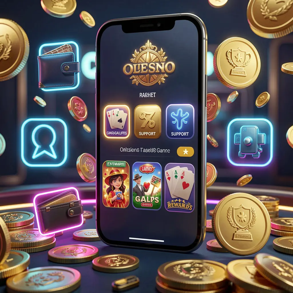 PK 345 online casino app features displayed on a smartphone surrounded by icons for wallet, games, support, and rewards, with golden coins and neon lights in a luxury 3D render
