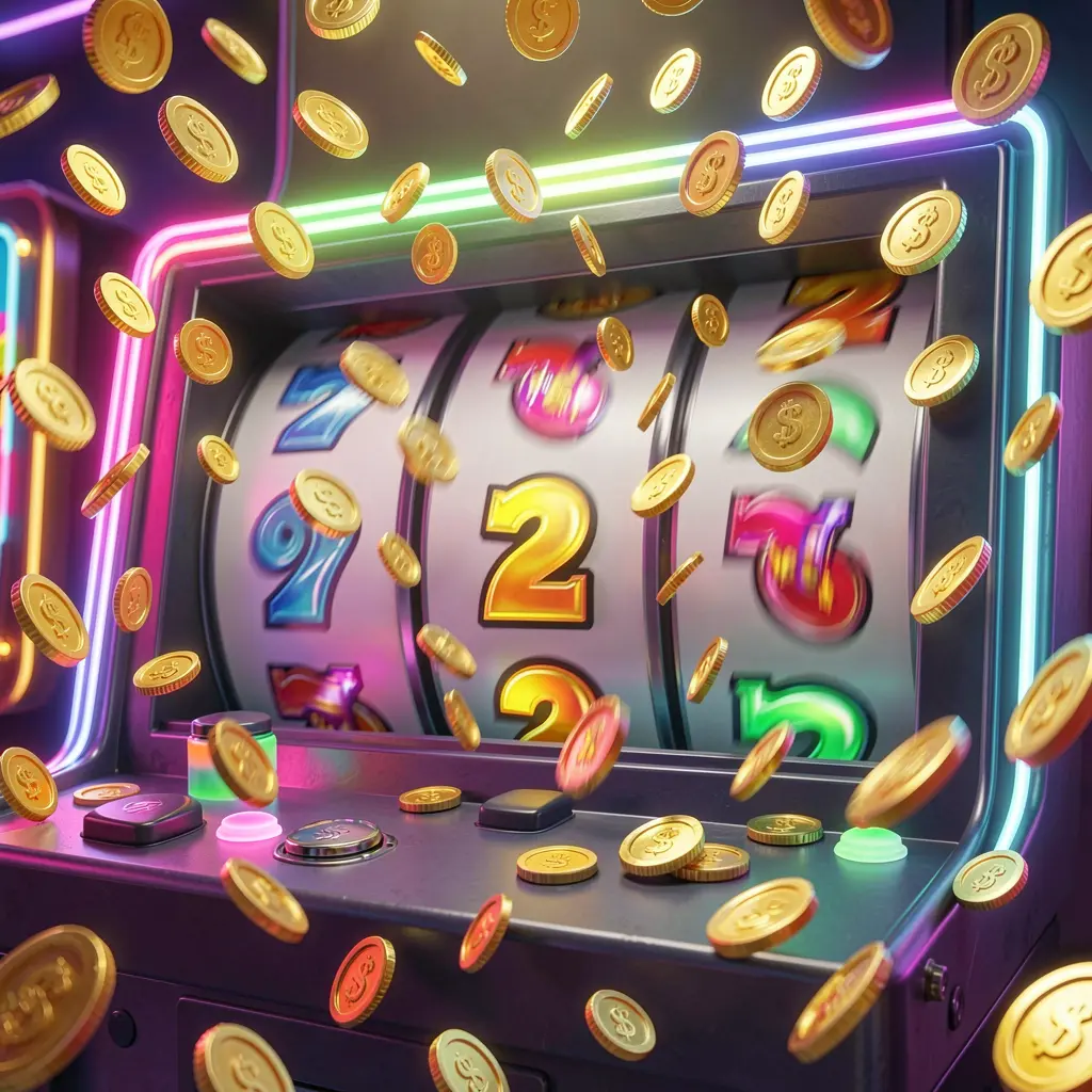 PK 345 free spins casino image featuring slot machine reels spinning with golden coins flying everywhere, colorful neon lights, and an exciting jackpot mood in a premium 3D illustration