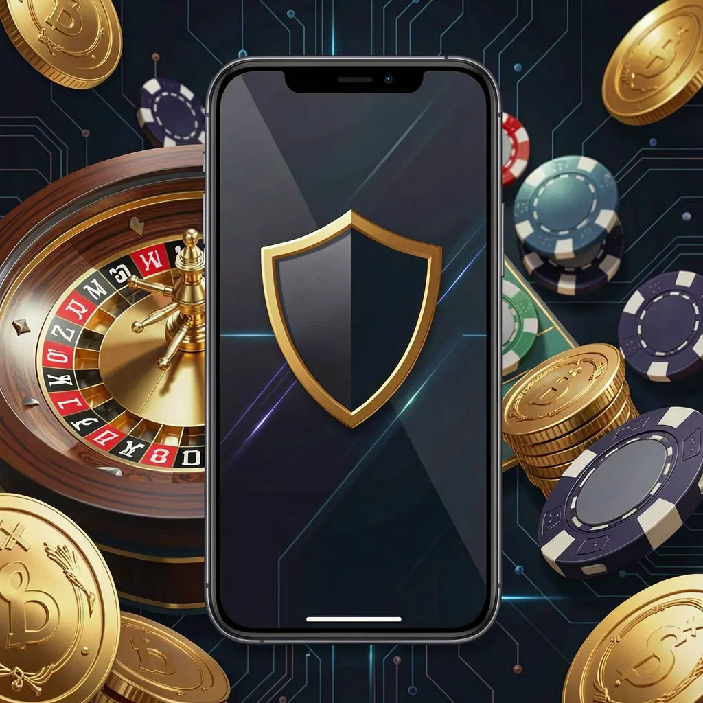 PK 345 secure mobile casino login screen showing a phone with a shield icon, roulette wheel, poker chips, and golden coins in a dark cyber luxury atmosphere