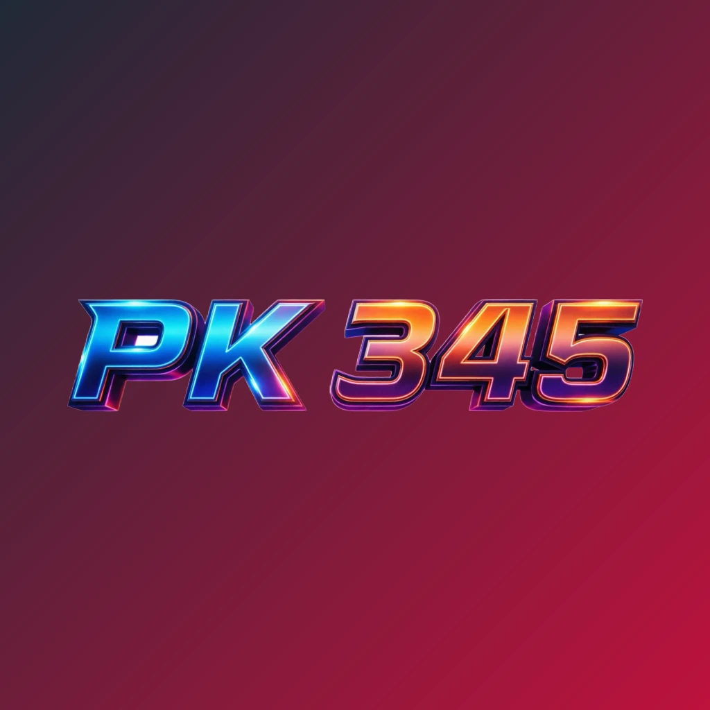 PK 345 bold gaming logo with strong 3D lettering in energetic colors, modern esports-inspired horizontal rectangular wordmark on transparent background