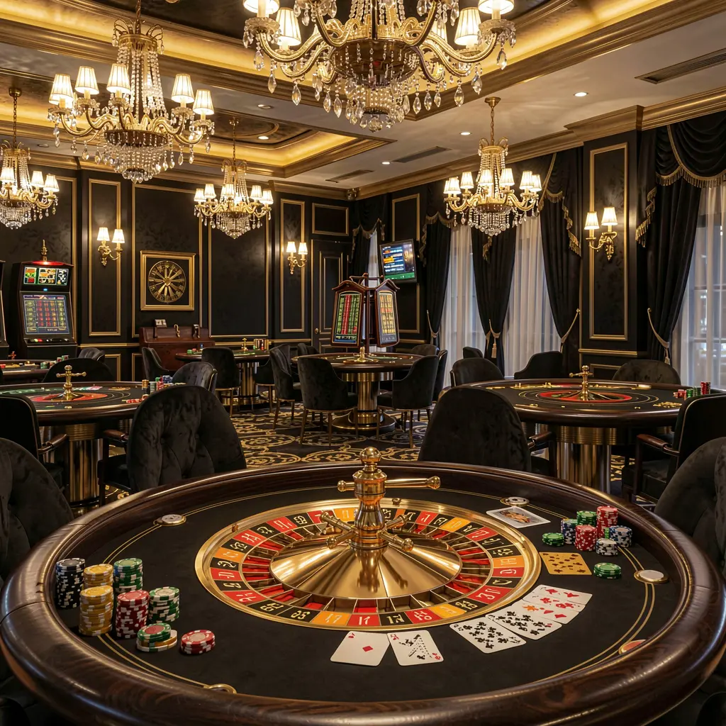 PK 345 luxury online casino lobby scene featuring glowing roulette tables, golden lights, poker chips and cards in a premium black and gold design with cinematic realistic render